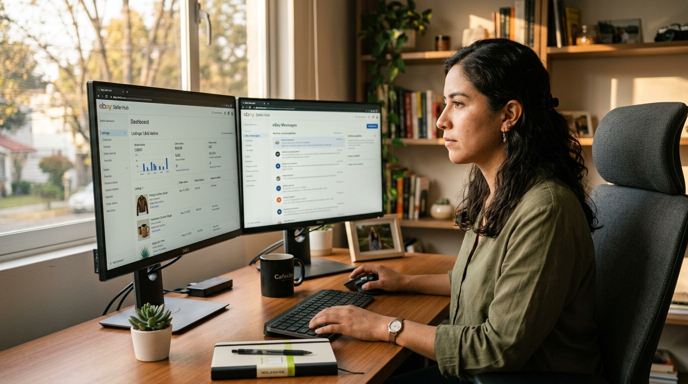 Nearshore eBay listing virtual assistant managing product listings on eBay Seller Hub from a Latin American home office