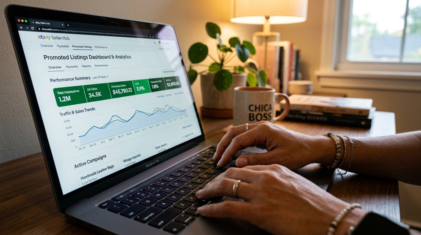 eBay listing virtual assistant reviewing promoted listings performance data on eBay Seller Hub dashboard