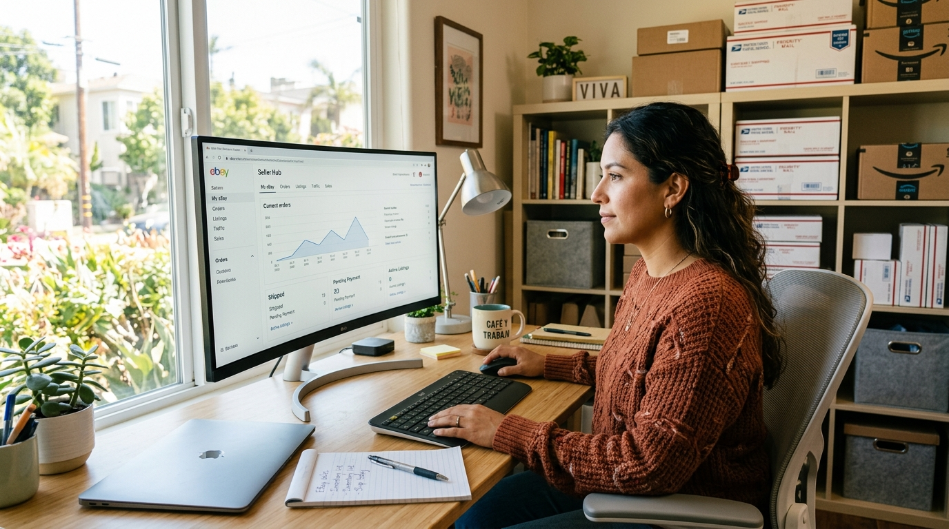 Nearshore eBay seller VA managing product listings on a computer in a Latin American home office with natural lighting