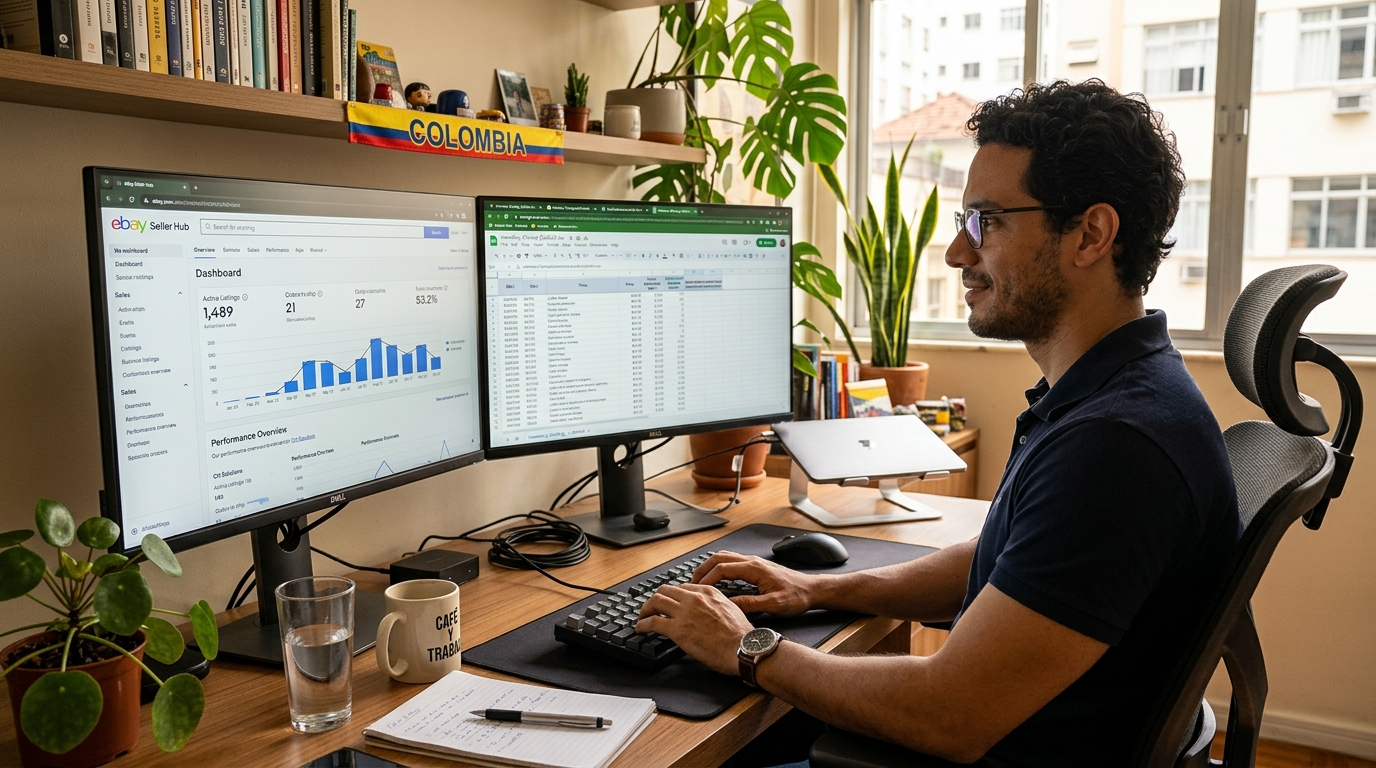 eBay seller VA working on product listings and inventory tracking across dual monitors in a Latin American home office