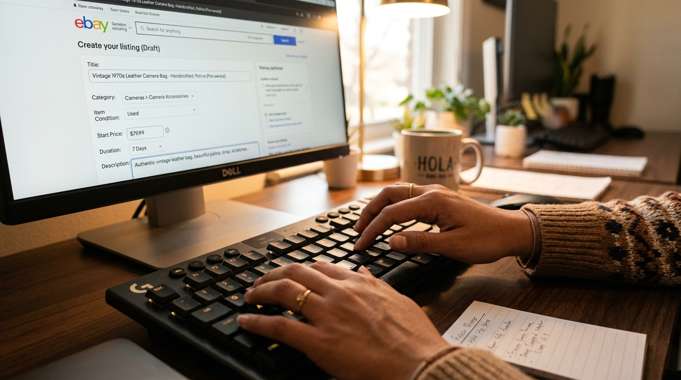 eBay seller VA drafting optimized product listing on eBay Seller Hub with keyboard in foreground, warm home office lighting