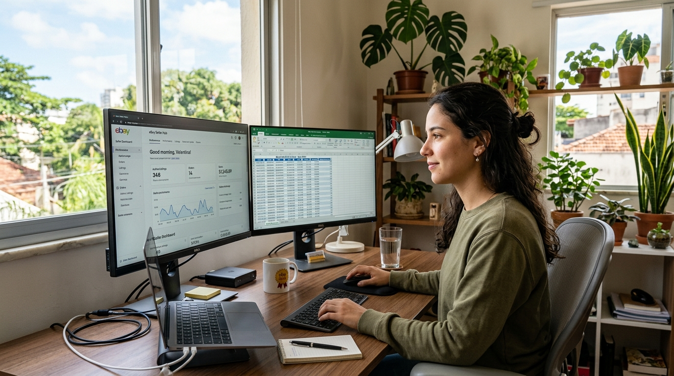 Nearshore eBay seller virtual assistant reviewing listings and order data on dual monitors in a bright Latin American home office