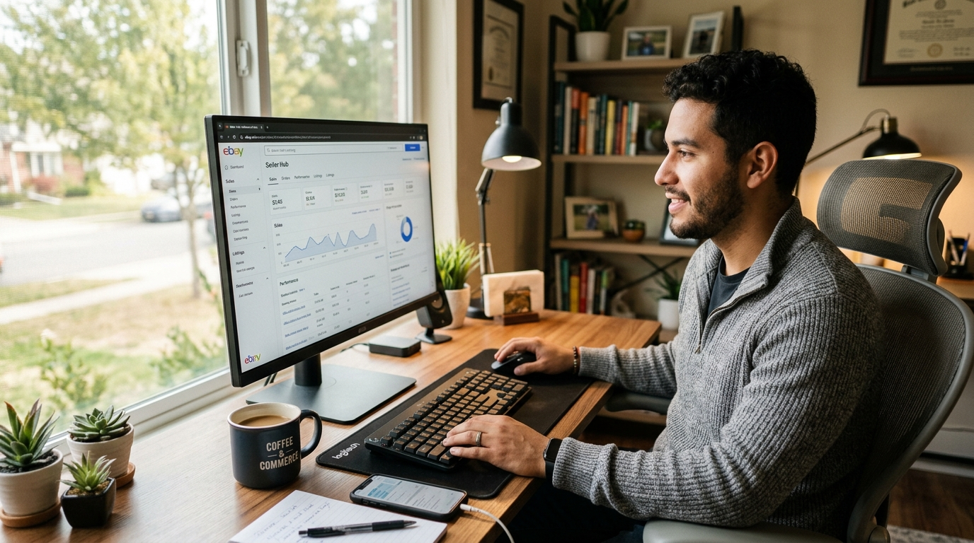 eBay seller virtual assistant reviewing Seller Hub performance dashboard on a large monitor in a Latin American home office