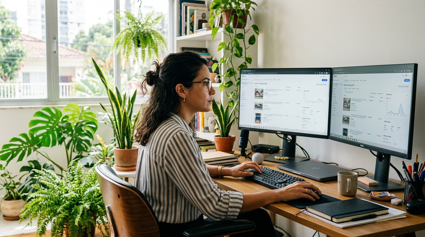 Nearshore eBay VA managing product listings on eBay Seller Hub from a modern Latin American home office in 2026