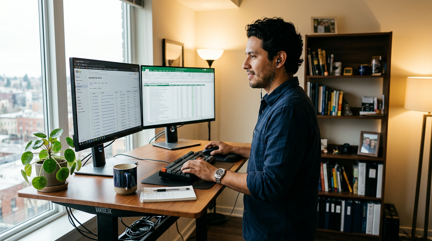 eBay VA managing order queue and inventory spreadsheet on dual monitors in a modern Latin American home office