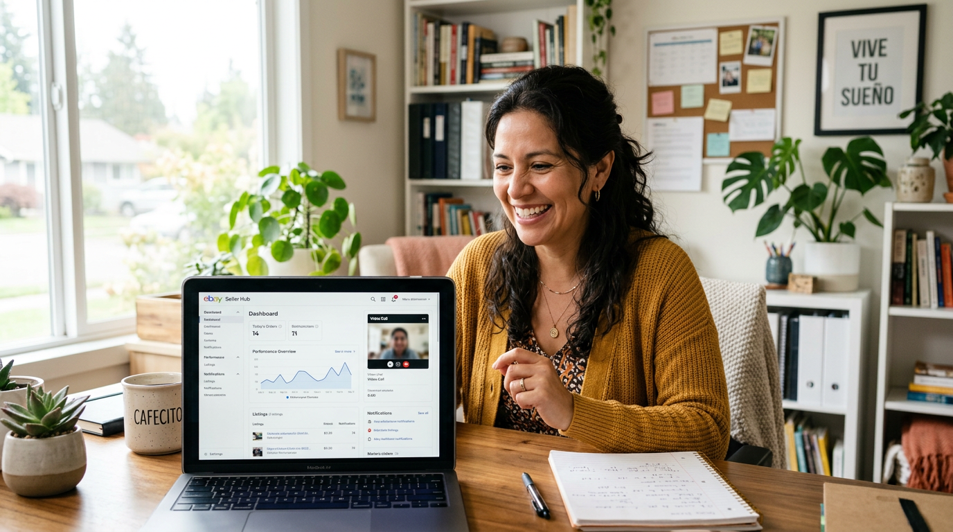 Nearshore eBay virtual assistant on a video call reviewing seller metrics with a US-based eBay store owner in 2026