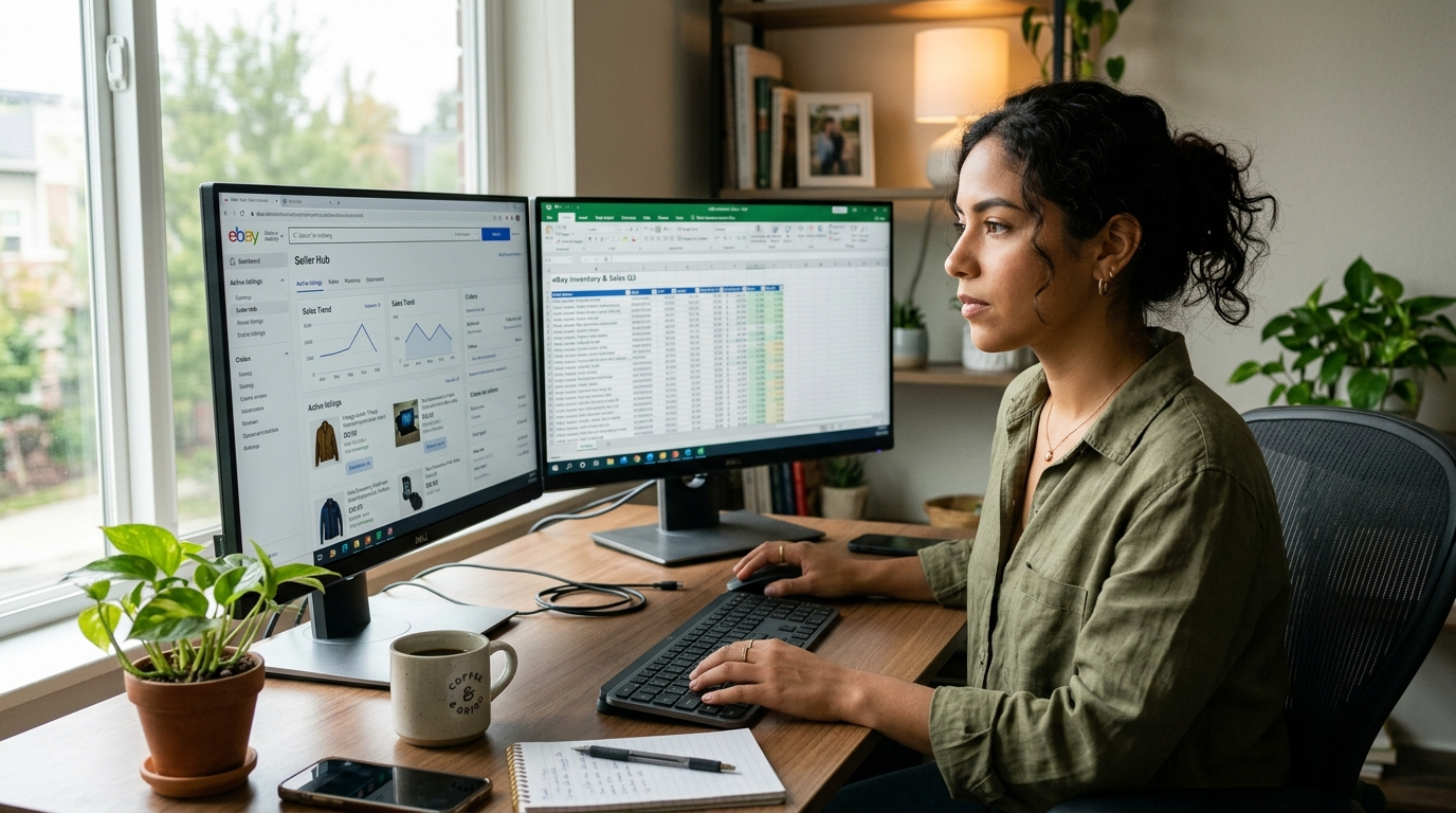 Nearshore eBay virtual assistant managing listings and orders from a Latin American home office with dual monitors showing eBay Seller Hub