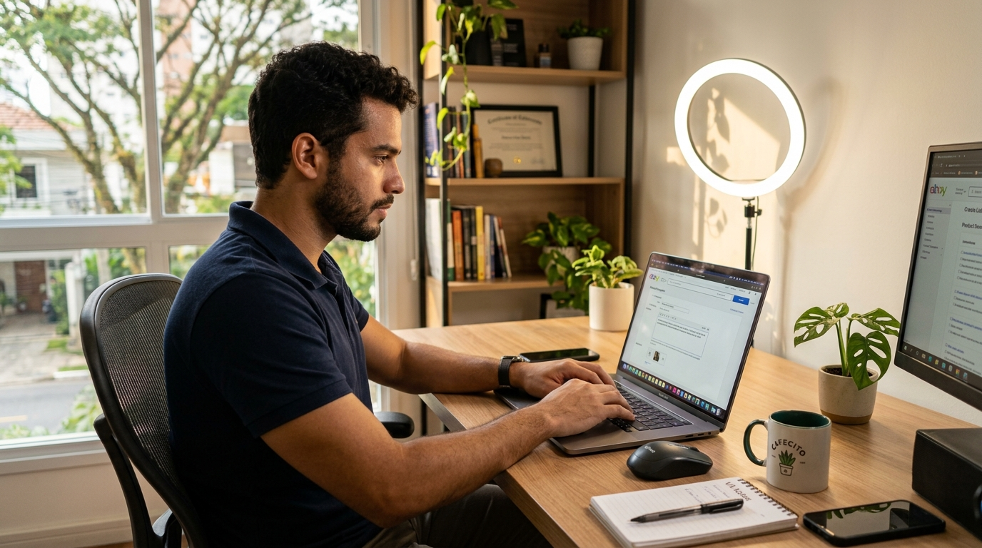 eBay virtual assistant writing optimized product listings in eBay Seller Hub from a nearshore Latin America home office