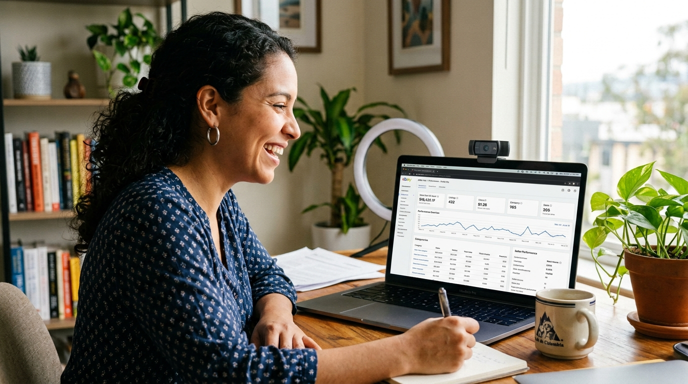 Nearshore eBay virtual assistant on a video call with a US seller reviewing store performance metrics in eBay Seller Hub