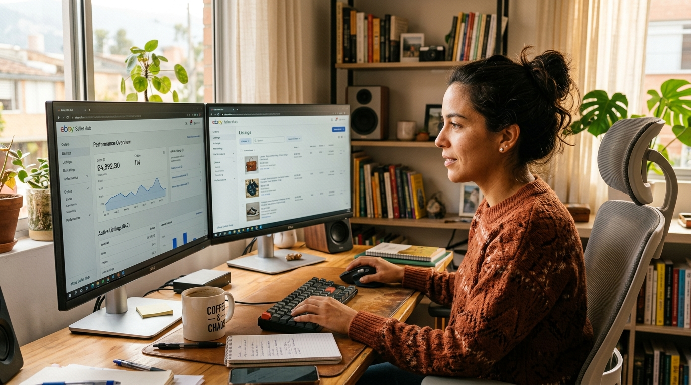 Nearshore eBay virtual assistant managing eBay Seller Hub listings from a Latin American home office in 2026