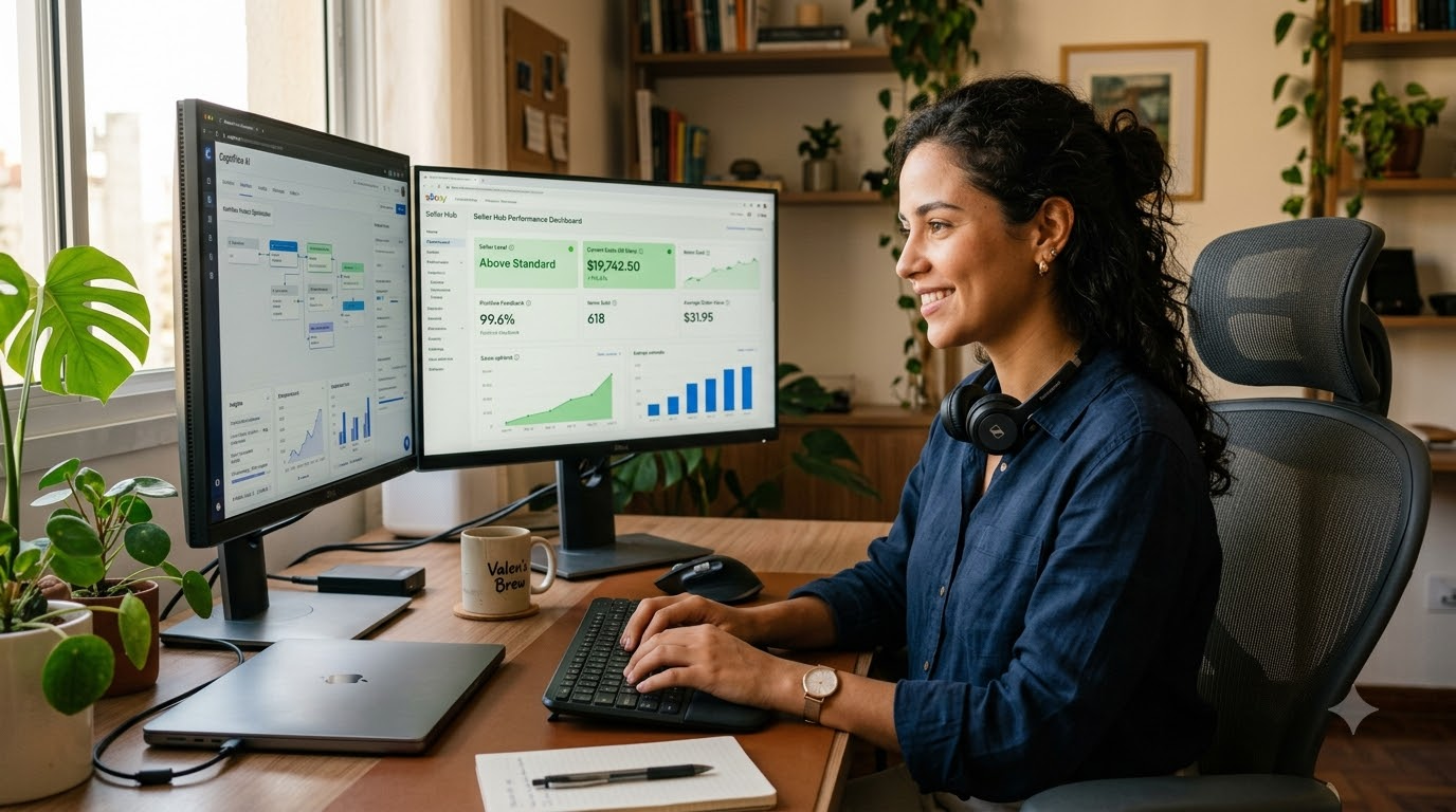 eBay virtual assistant reviewing seller performance metrics using AI copilot tool on dual monitors