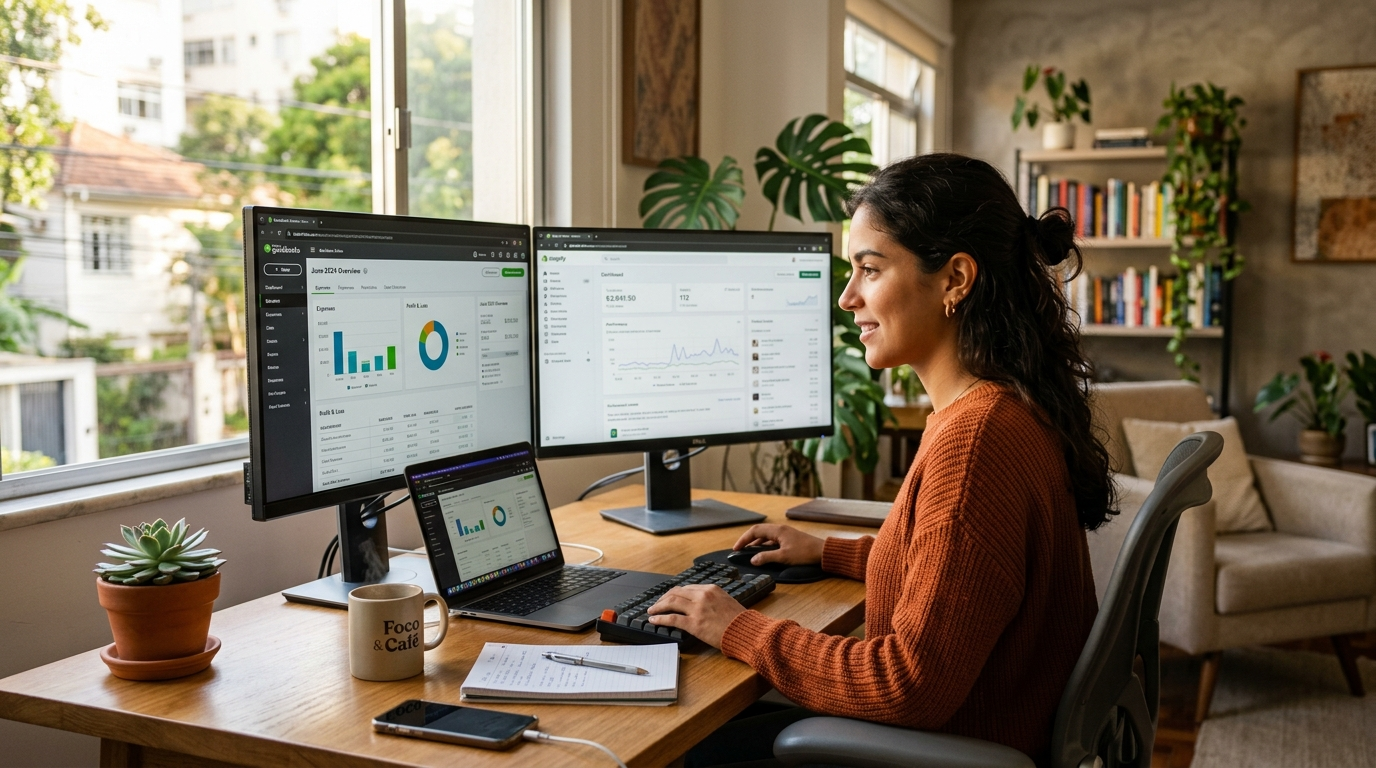 Nearshore Latin American bookkeeper providing ecommerce accounting support offshore on QuickBooks and Shopify, dual monitors, home office