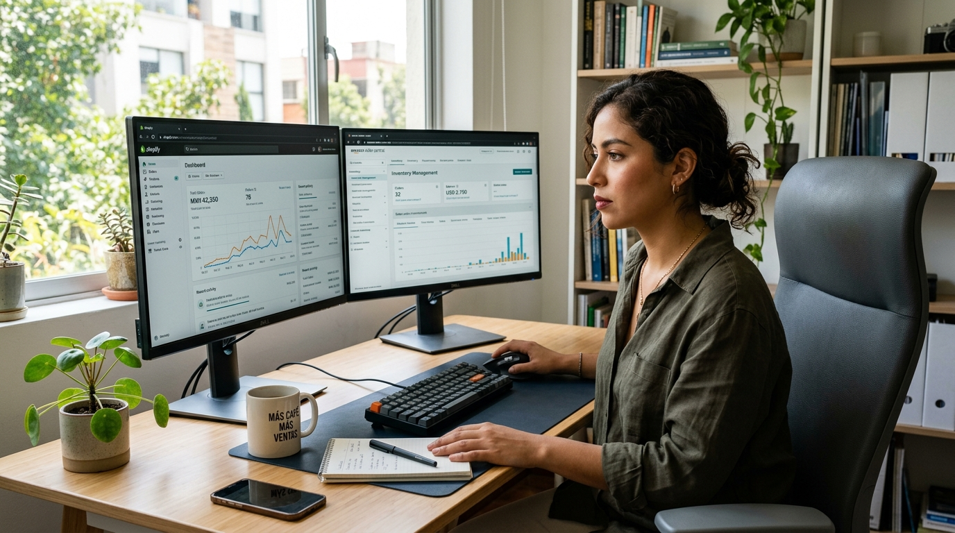 Nearshore ecommerce virtual assistant managing Shopify and Amazon Seller Central dashboards from a Latin American home office