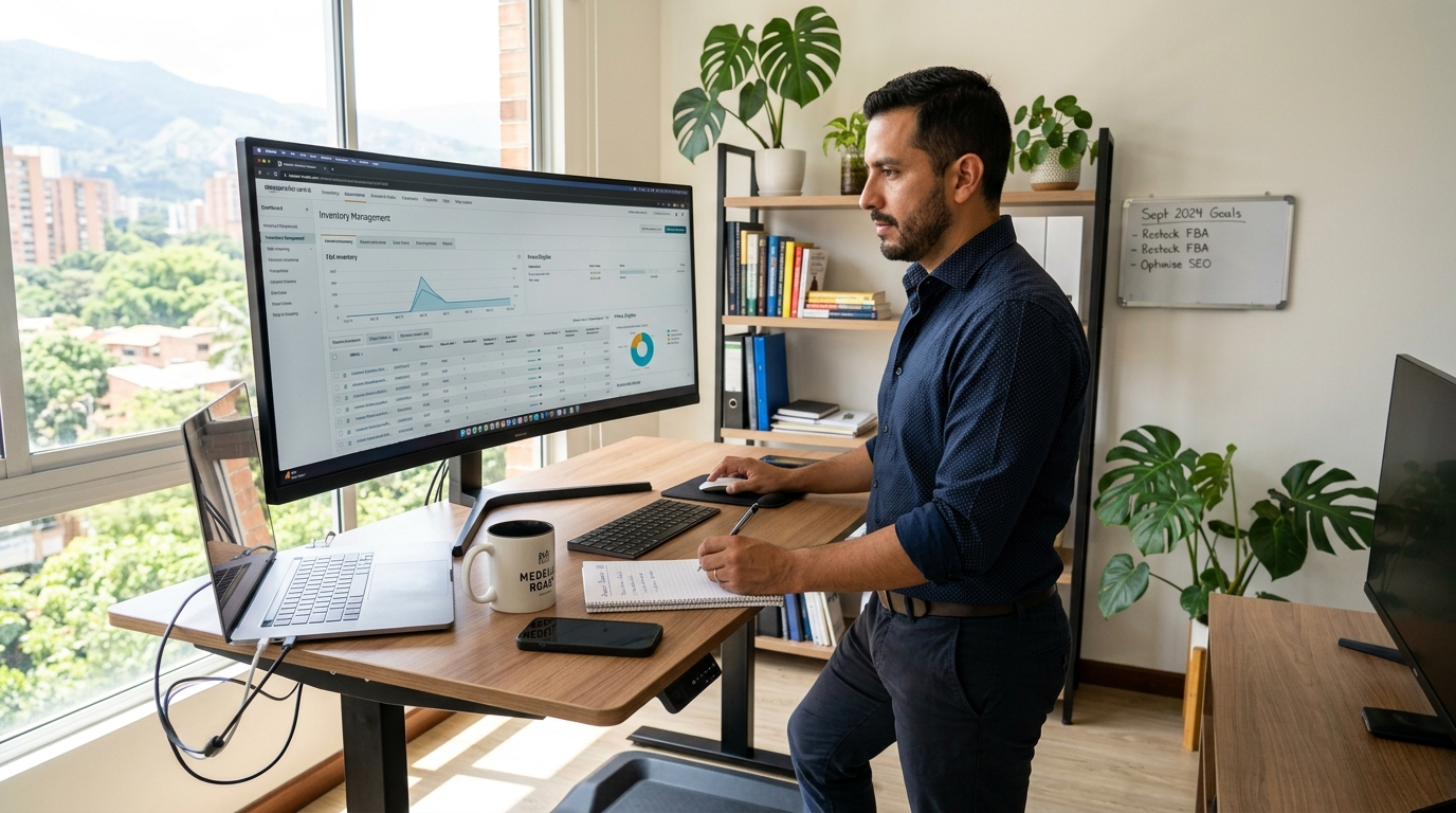 Nearshore ecommerce VA reviewing Amazon Seller Central inventory dashboard, supporting ecommerce virtual assistant services