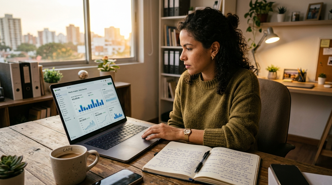 Nearshore ecommerce virtual assistant using AI copilot to review Shopify analytics and prepare weekly performance report