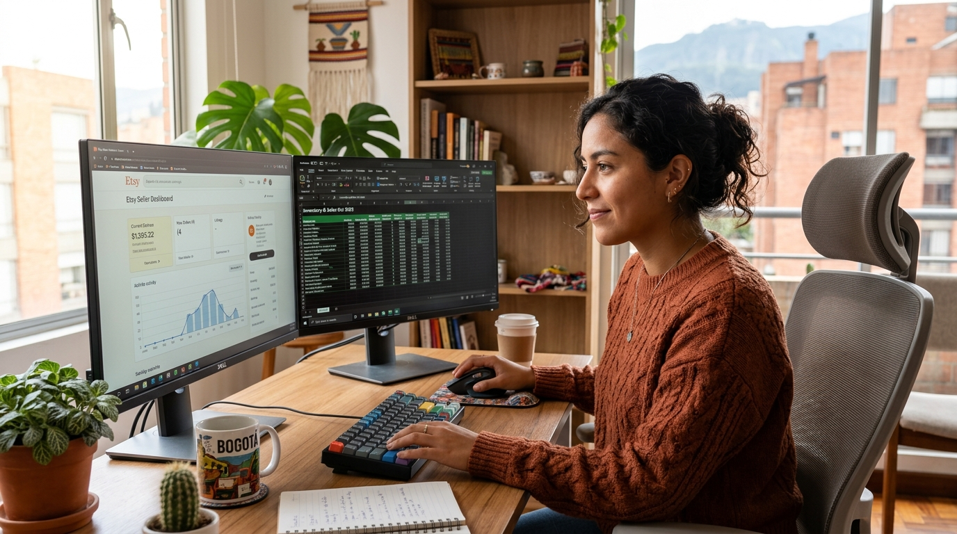 Nearshore Etsy virtual assistant managing shop listings and order tracking on dual monitors in a Latin American home office