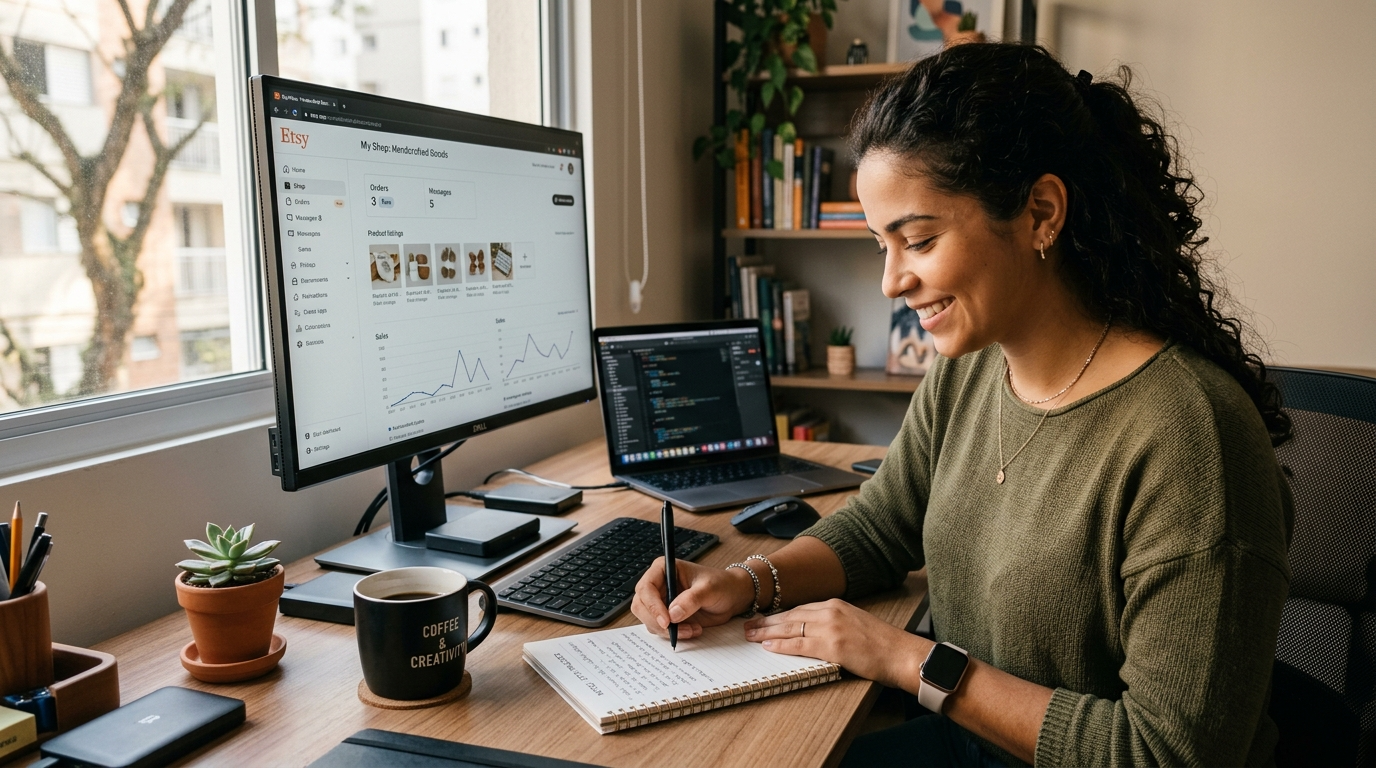 Nearshore Etsy virtual assistant reviewing seller metrics and writing optimization notes for a US shop owner