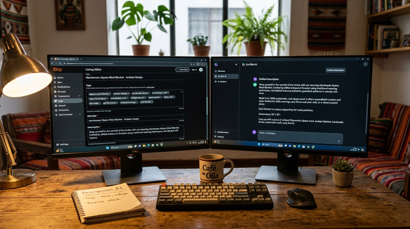 Etsy virtual assistant using AI copilot to optimize product listings and write SEO-rich descriptions on dual monitors