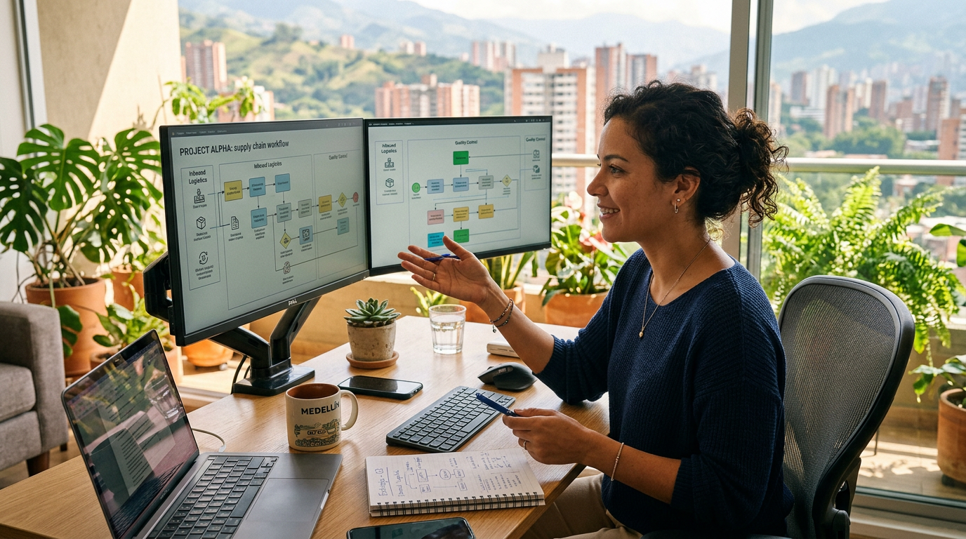 Latin American virtual assistant evaluating business process services on dual monitors, nearshore staffing for US businesses 2026