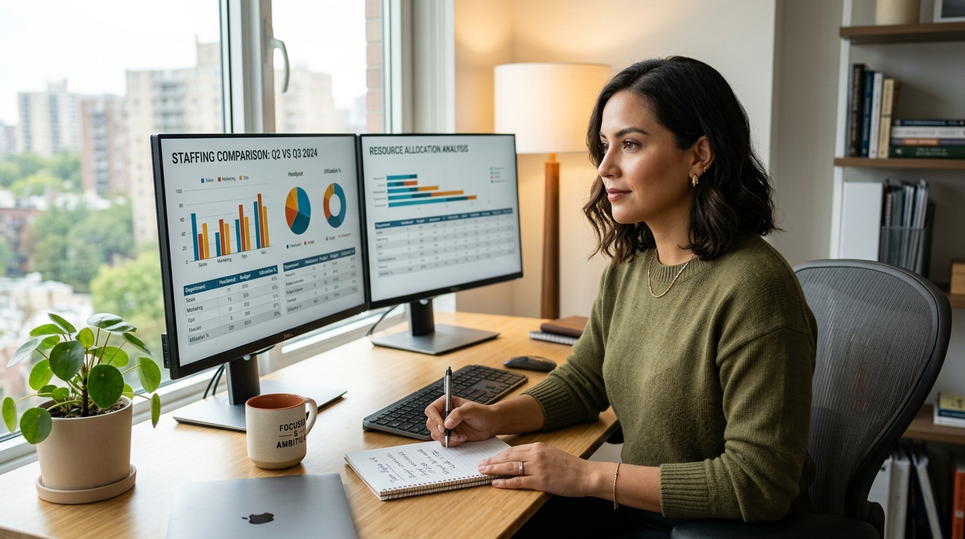 Latin American nearshore virtual assistant reviewing 1840 staffing comparison data on dual monitors in a bright home office, 2026