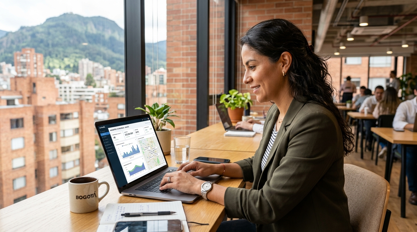 Nearshore Latin American VA in Bogota using AI-assisted property management software, illustrating Rose Talent Solutions 2026 AI copilot advantage