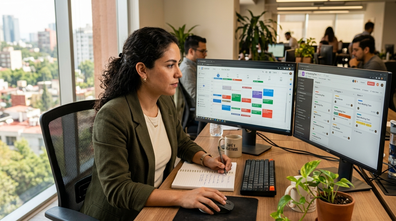 Nearshore executive assistant and general virtual assistant reviewing calendar and tasks on dual monitors in a Latin American home office