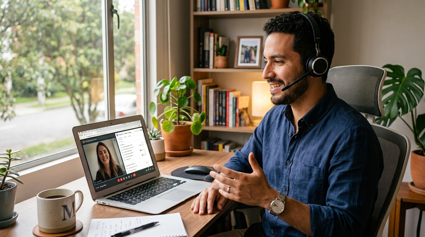 Nearshore virtual assistant on a live video call during US business hours, laptop open with task management dashboard