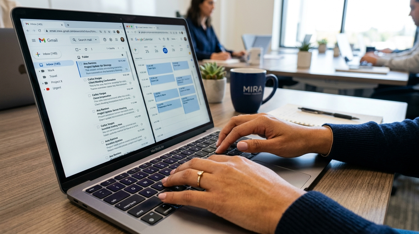 Executive virtual assistant managing inbox and calendar in real time, representing nearshore EA and general VA task management