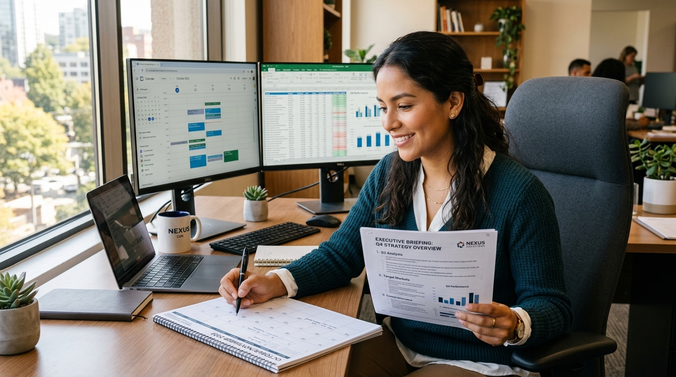 Latin American nearshore executive assistant reviewing executive calendar and briefing documents at a bright modern desk, 2026