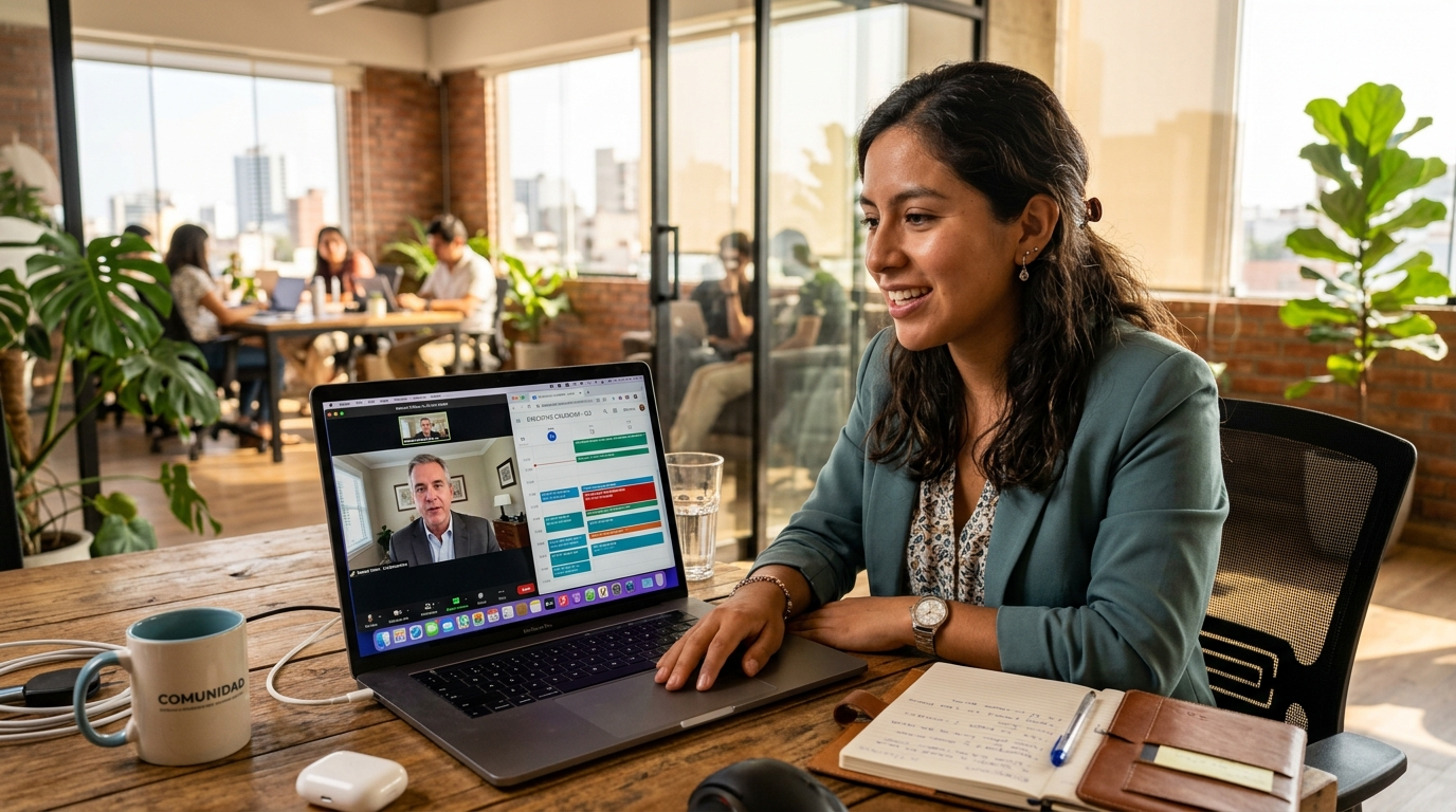 Nearshore executive assistant on video call with US executive, shared calendar visible on laptop screen