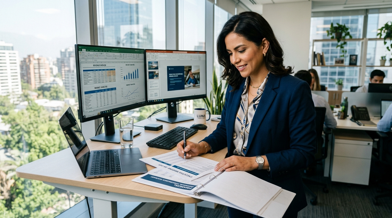 Nearshore executive assistant reviewing financial reports and executive briefing materials on dual monitors, professional setting