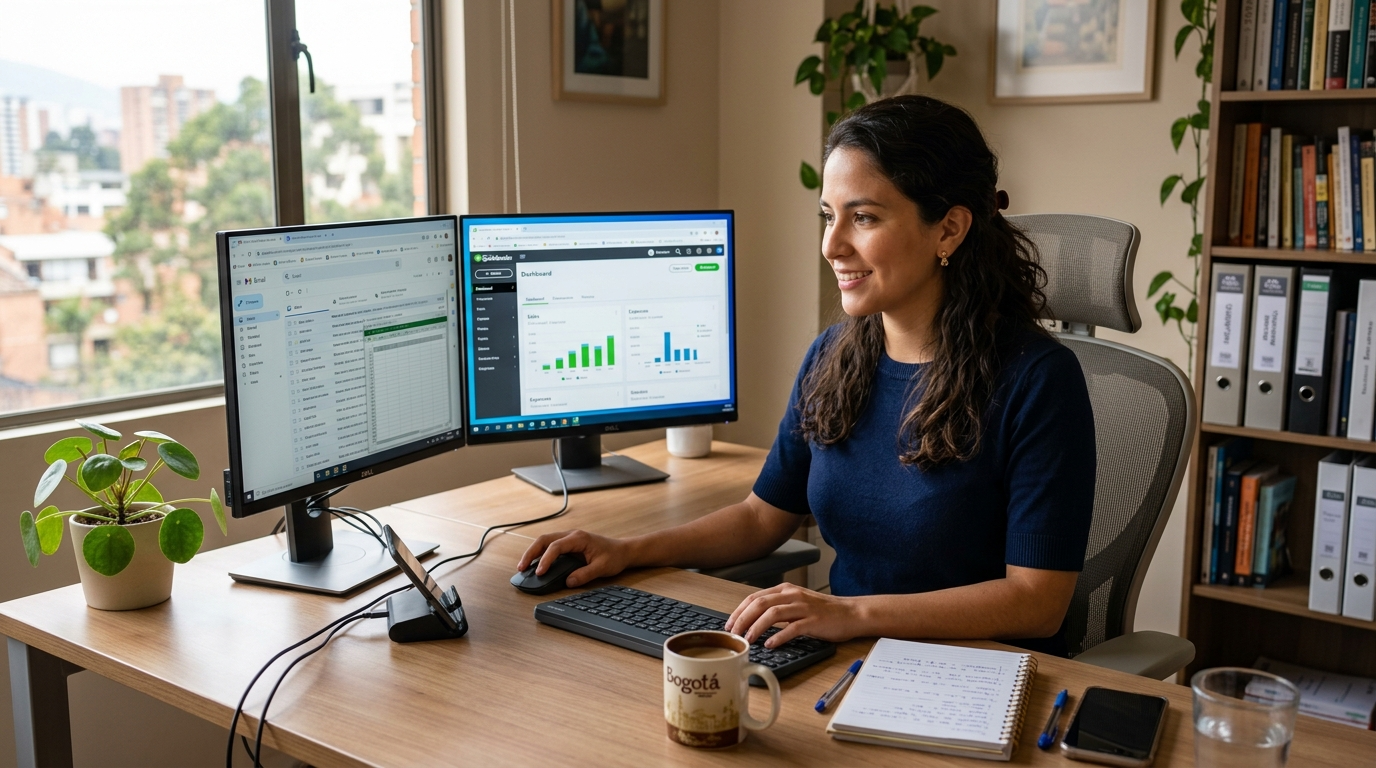 Latin American F&A virtual assistant reviewing QuickBooks financials for a midmarket US company, nearshore LATAM outsourcing 2026