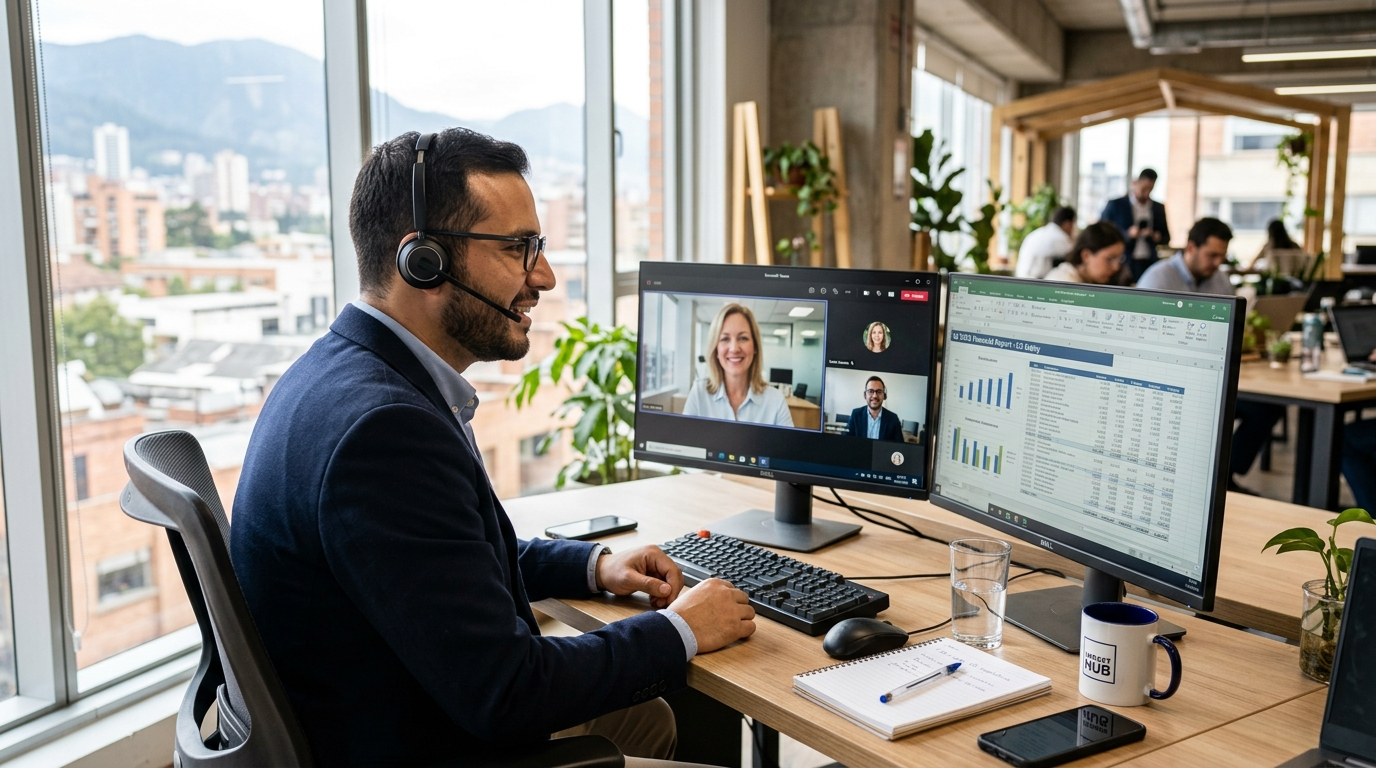 Nearshore LATAM F&A specialist on a real-time video call with a US midmarket company CFO, 2026 outsourcing model