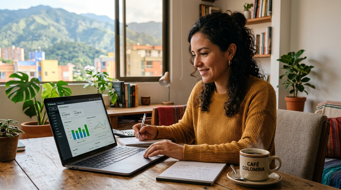 LATAM F&A outsourcing specialist reviewing QuickBooks financial dashboard for a US midmarket company, nearshore model 2026