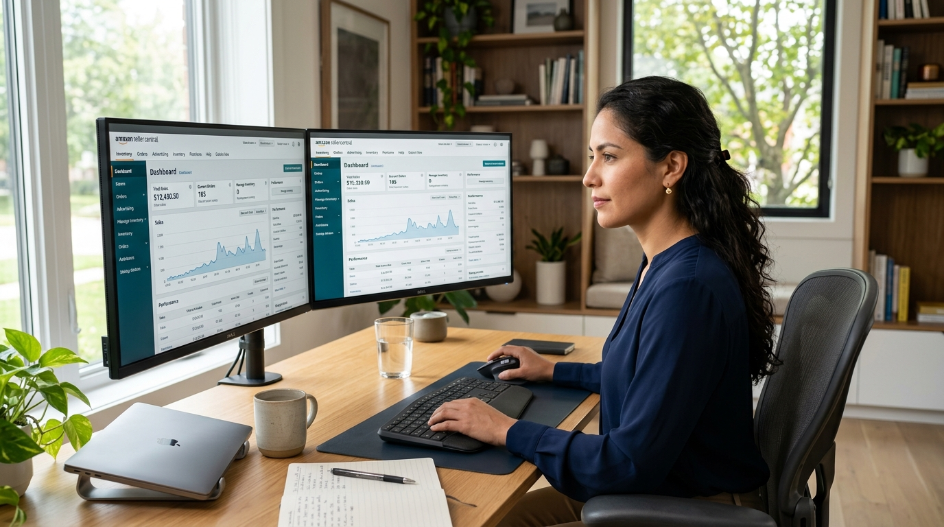 Nearshore FBA assistant reviewing Amazon Seller Central inventory dashboard on dual monitors in a modern Latin American home office