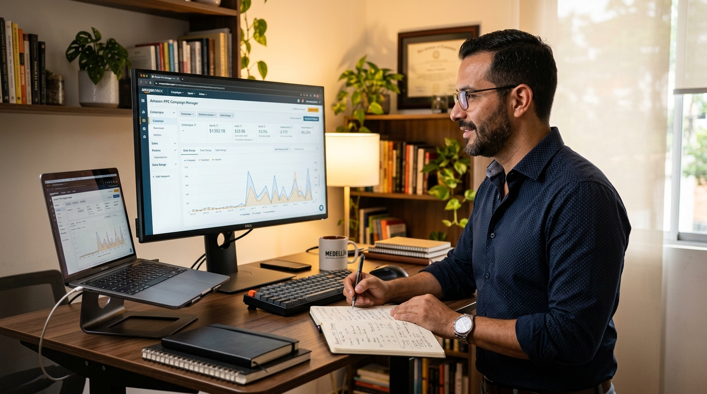 FBA assistant managing Amazon PPC campaigns on a large monitor with detailed Seller Central analytics visible