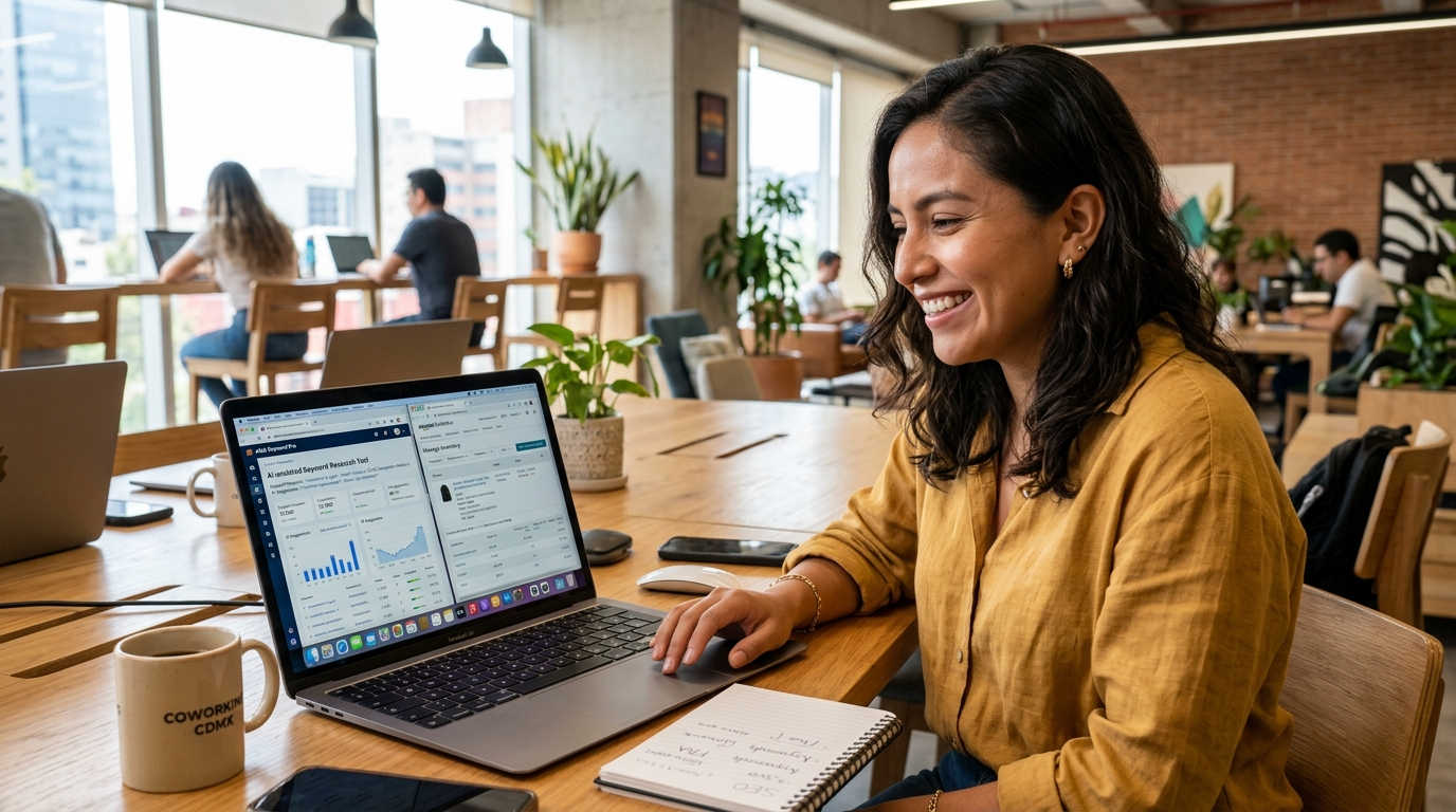 FBA assistant using AI copilot alongside Amazon Seller Central for keyword research in a bright Latin American coworking space