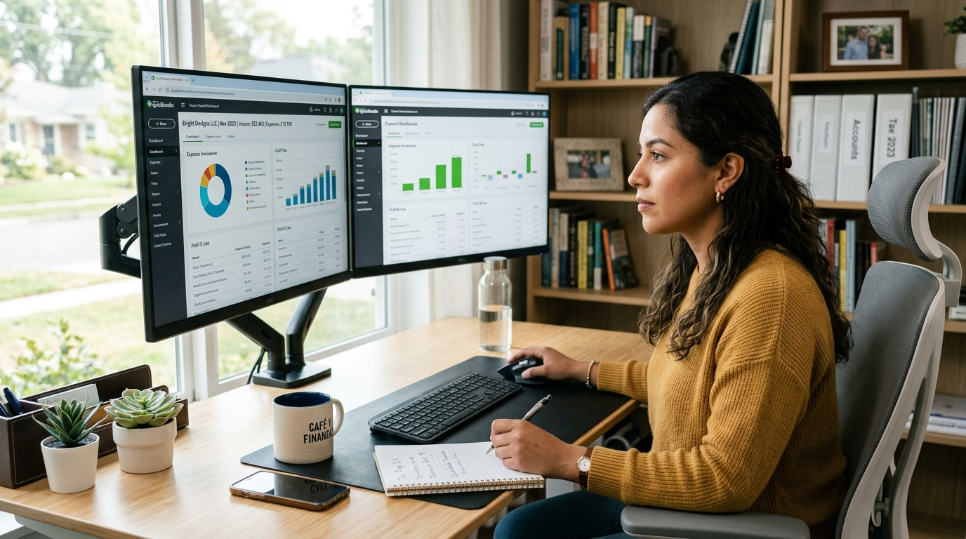 Latin American finance virtual assistant reviewing QuickBooks accounting dashboards as part of a nearshore staffing engagement for a US business.