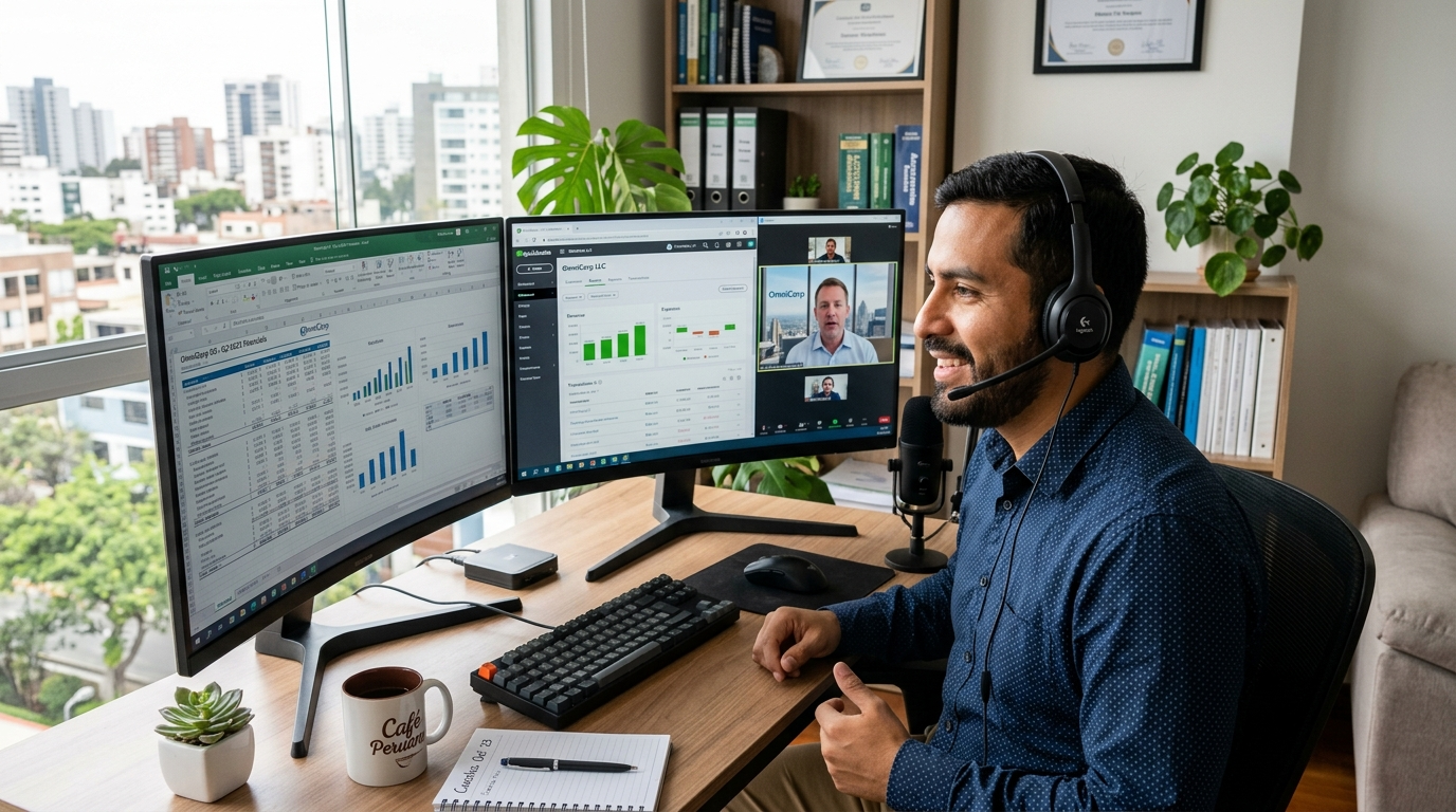 Nearshore finance and accounting virtual assistant on video call with US client, QuickBooks open on dual monitors in a modern Latin American home office.