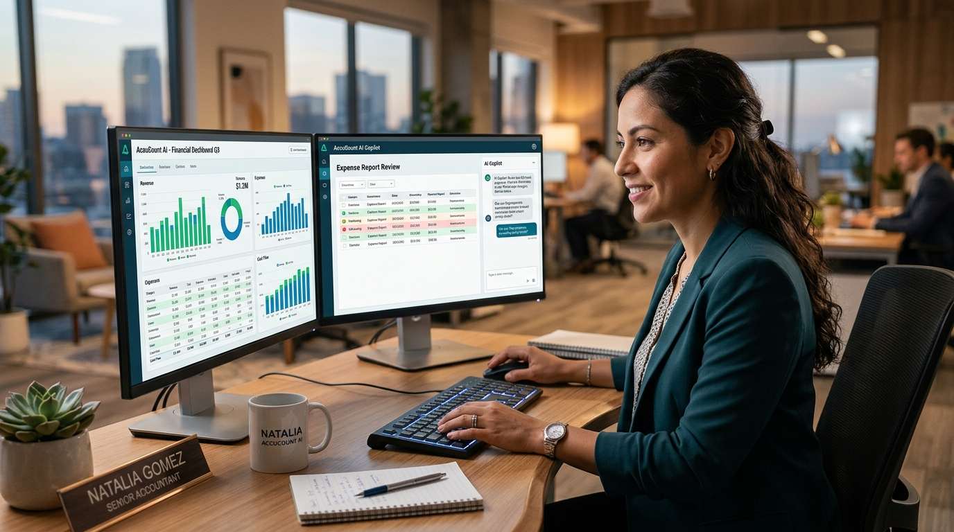Nearshore accounting specialist using AI copilot alongside QuickBooks and Xero dashboards in a Latin American home office setup.