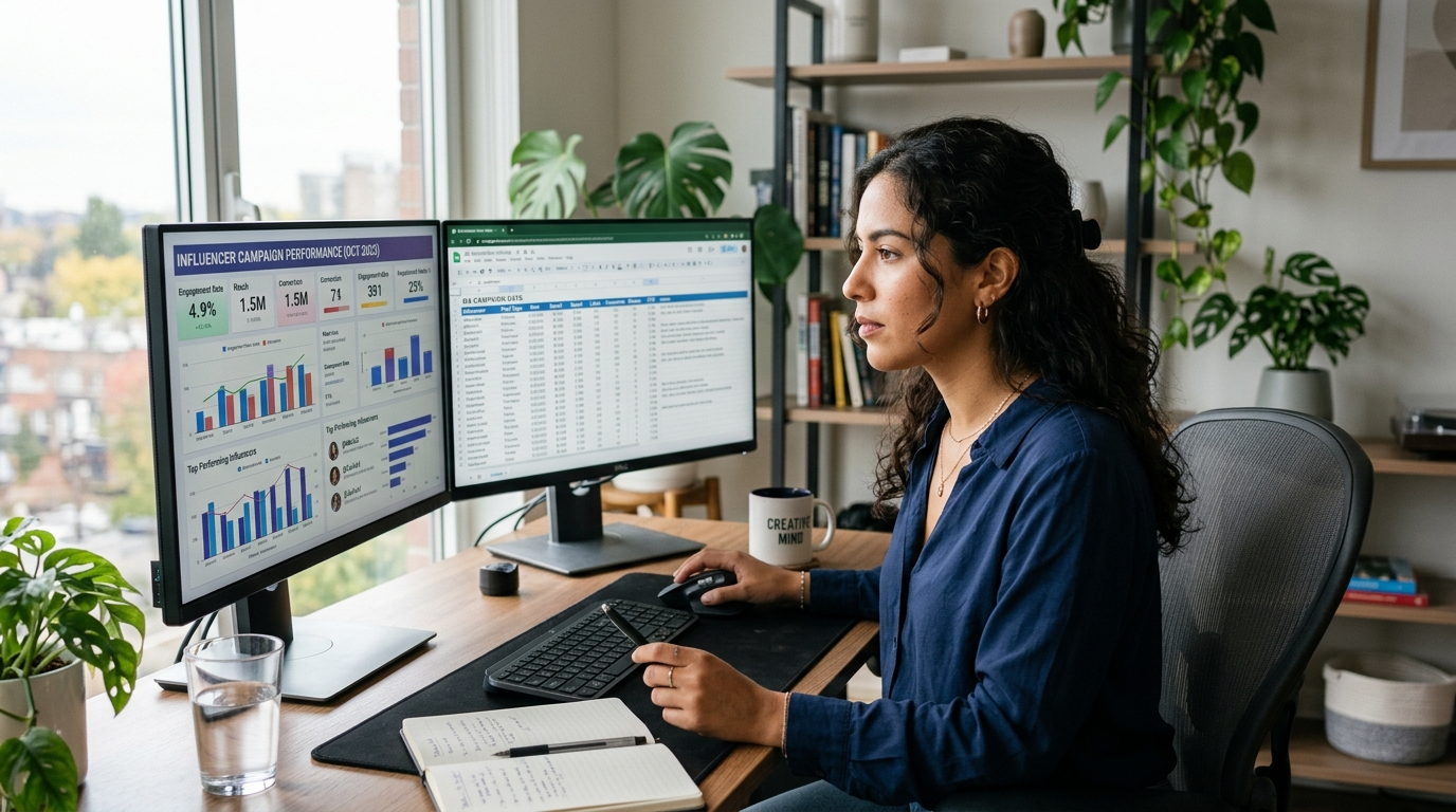 Nearshore fractional influencer marketing specialist reviewing creator campaign analytics on dual monitors in a Latin American home office