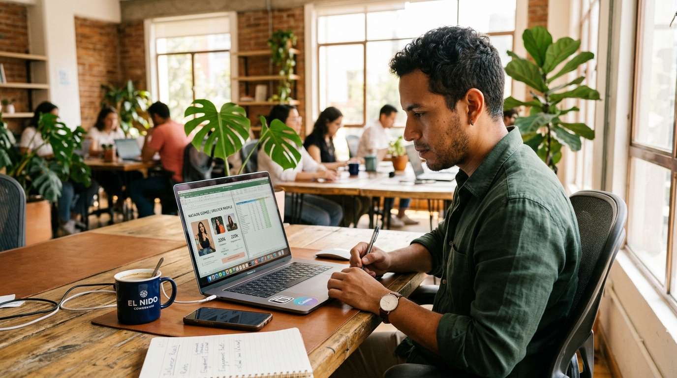 Nearshore influencer marketing VA reviewing creator media kits on a laptop in a Latin American coworking space