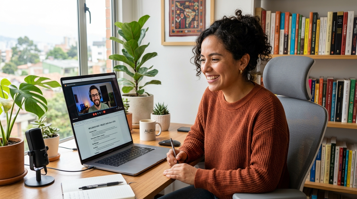 Nearshore influencer marketing specialist on a video call with a content creator, reviewing campaign brief on laptop