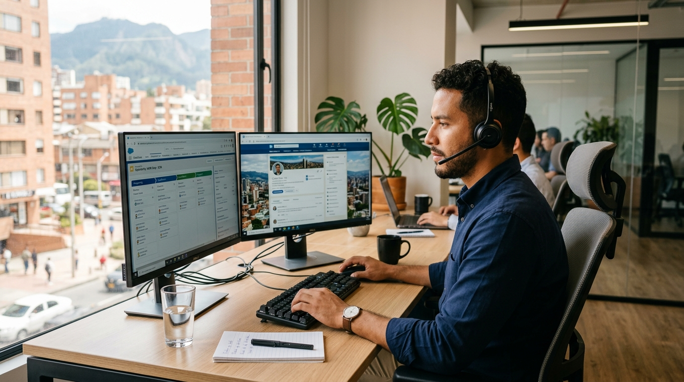 Nearshore SDR working full-time on B2B outreach using Salesforce and LinkedIn Sales Navigator in a Latin American home office