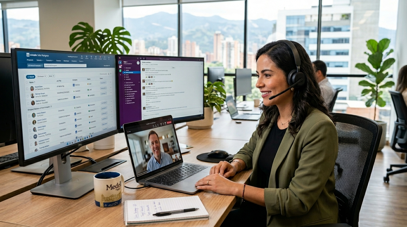 Nearshore SDR on a live video call with US sales manager, reviewing LinkedIn Sales Navigator prospect list for B2B outreach