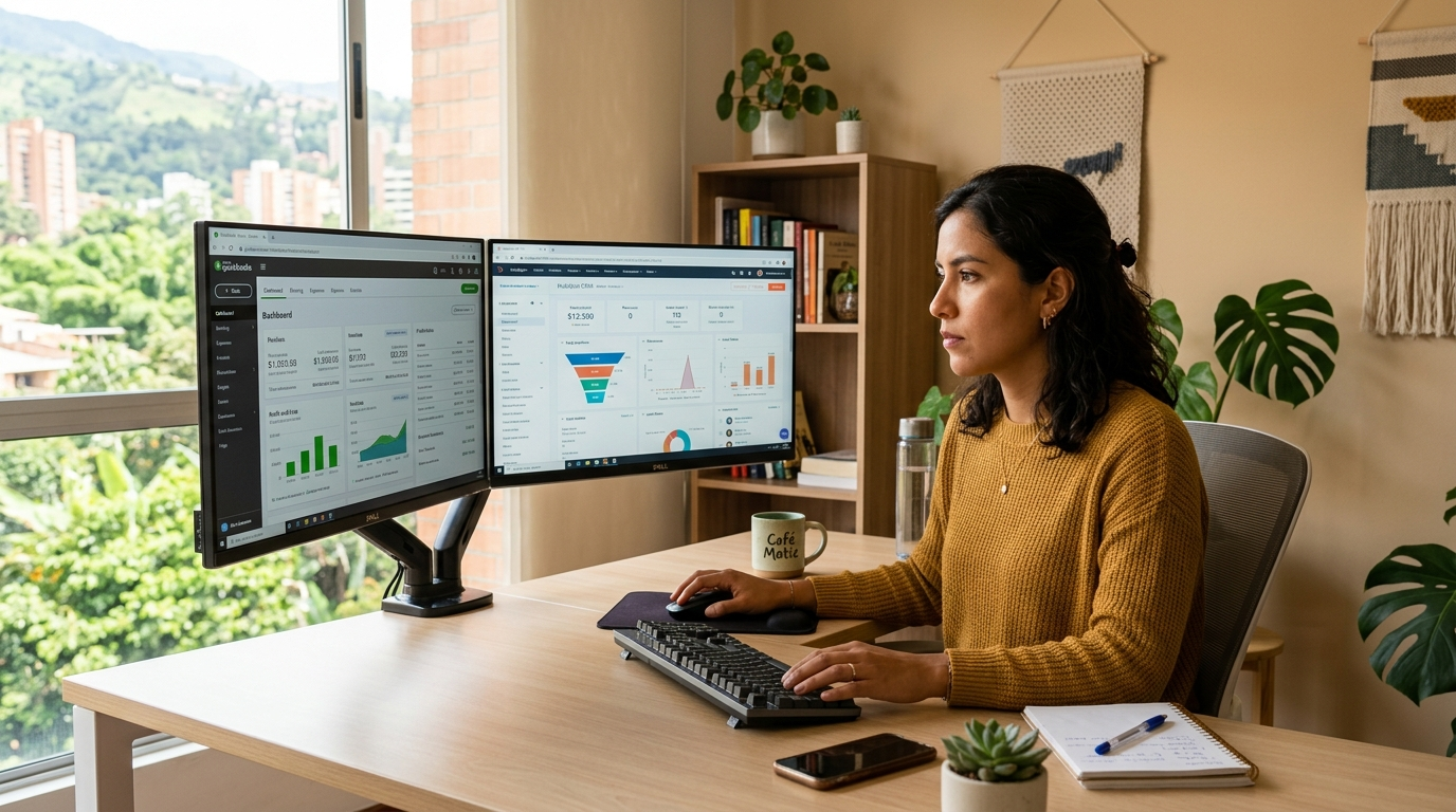 Latin American virtual assistant comparing freelancer vs virtual assistant workflows on dual monitors showing QuickBooks and a CRM dashboard