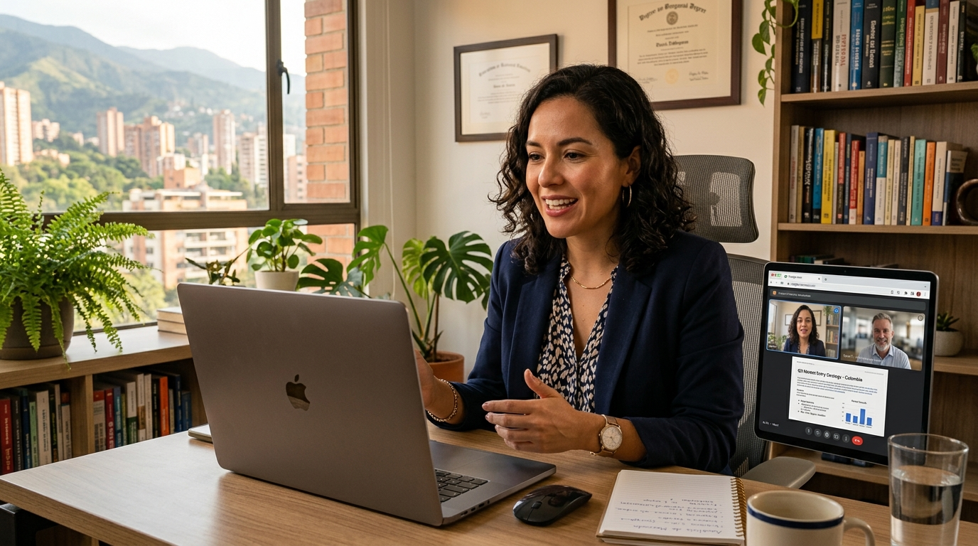 Nearshore virtual assistant based in Latin America on video call with US client, demonstrating real-time collaboration advantage over distant offshore freelancers