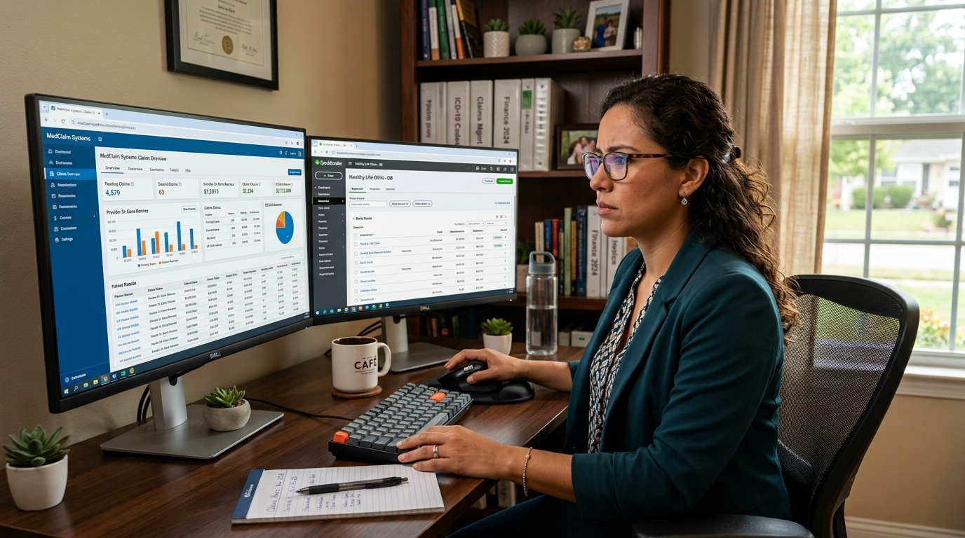 Nearshore healthcare accounts receivable specialist reviewing medical billing claims on dual monitors in a professional Latin American home office