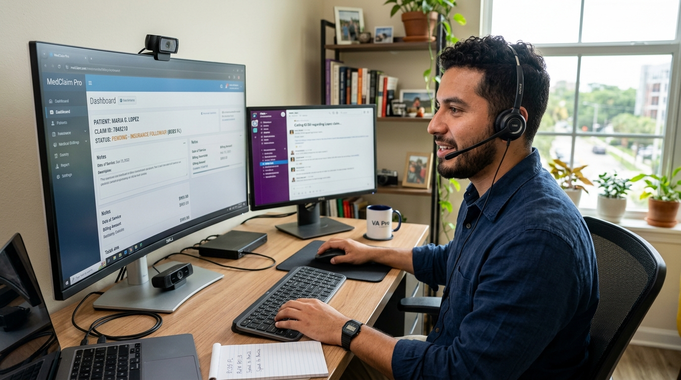 Nearshore medical billing VA on a payer follow-up call with healthcare AR software visible on screen