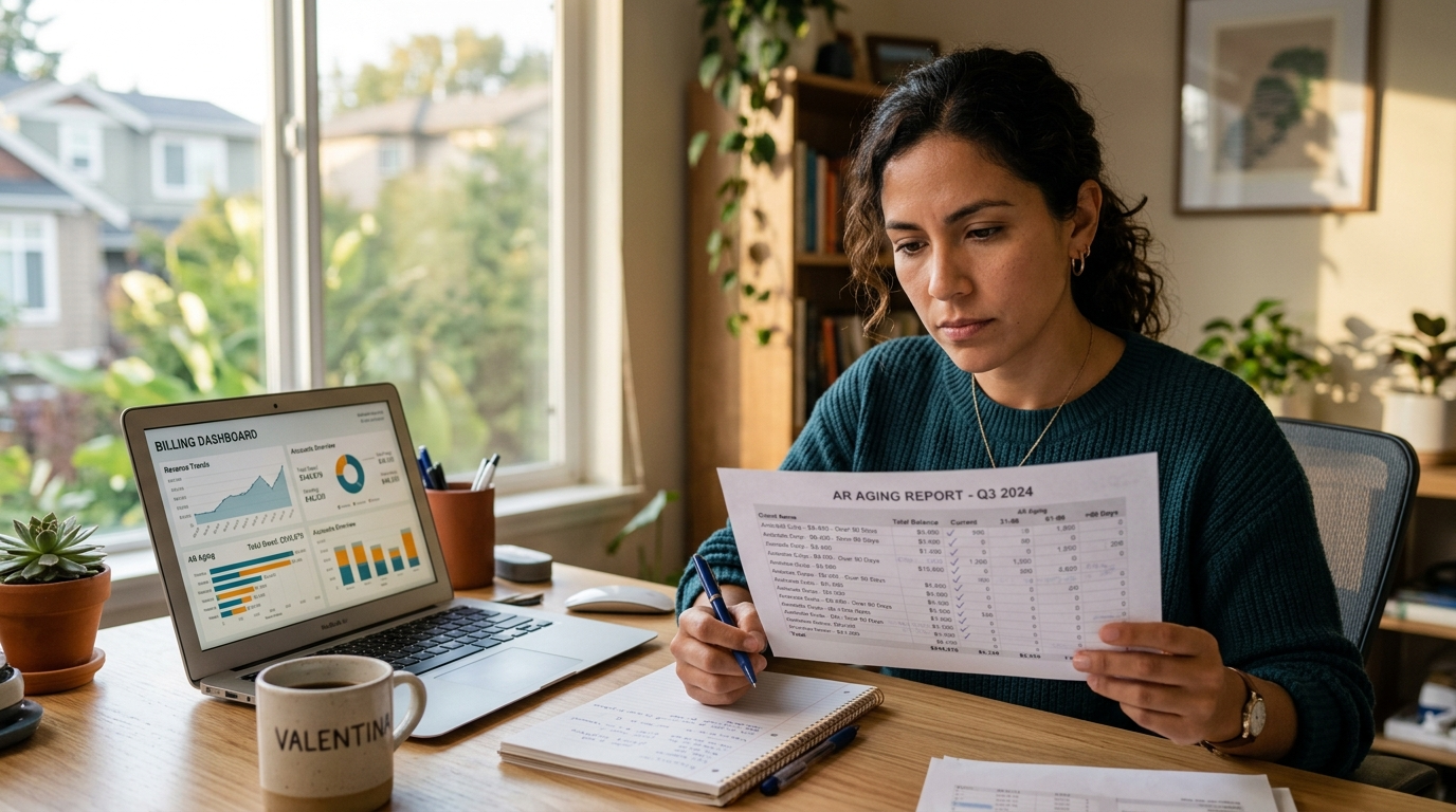 Nearshore healthcare AR specialist reviewing an accounts receivable aging report with billing software open on laptop
